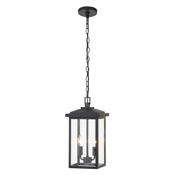 16.25 in. 2-Light Black Outdoor Lantern Pendant Light with Glass Shade