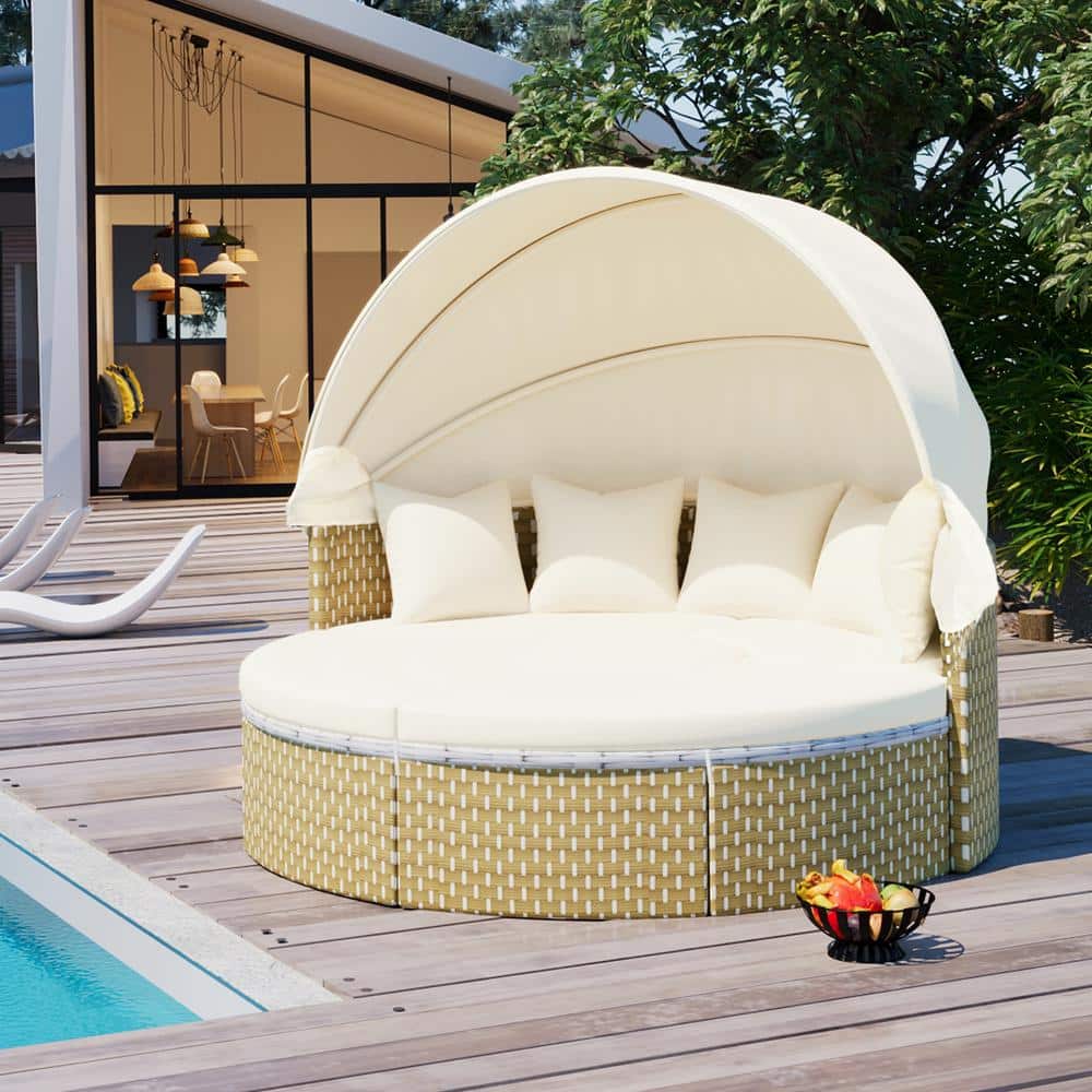 Wicker Round Outdoor Day Bed with Beige Cushion and Retractable Canopy