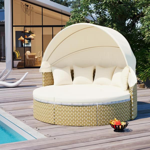 Wicker Round Outdoor Day Bed with Beige Cushion and Retractable Canopy ...