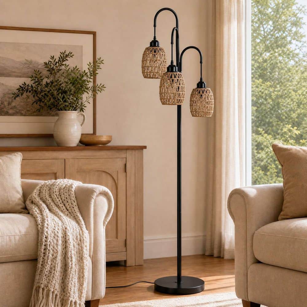 BICIK 69 in. Black Dimmable Tree Floor Lamp with 3 Arc Hanging
