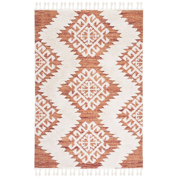 Moroccan Tassel 7 X 9 Orange/Ivory Geometric Area Rug