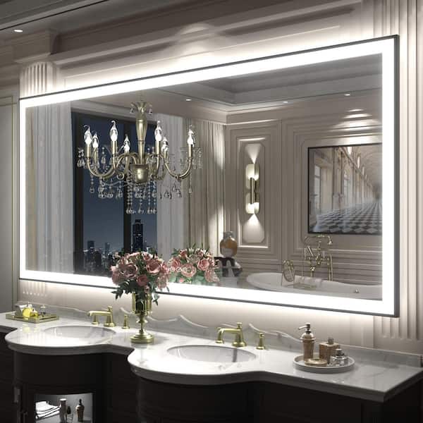77 in.W x 36 in.H Rectangular Framed UL Certified Front and Back LED Anti-Fog Tempered Glass Wall Bathroom Vanity Mirror