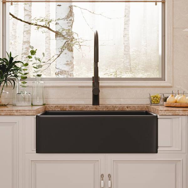 Kuomih Black Fireclay 33 in. Single Bowl Farmhouse Apron Kitchen