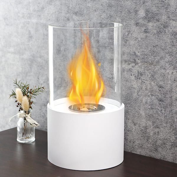 6.5 in. Tabletop Ventless Bioethanol Fireplace, White Round Stainless Steel Burner Cup, Real Flame, Portable