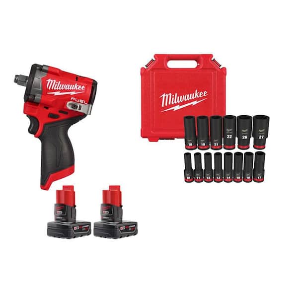 M12 FUEL 12V Lithium-Ion Brushless Cordless Stubby 1/2 in. Impact Wrench w (2) 3.0 Ah Batteries&Metric Deep Socket Set