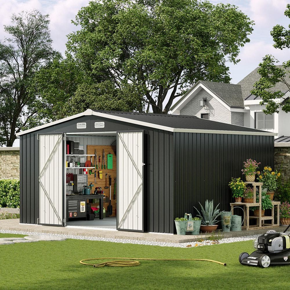 Sizzim 12 ft. W x 10 ft. D Outdoor Black Metal Storage Shed