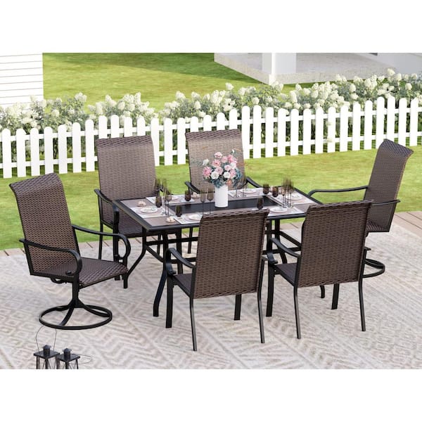 PHI VILLA Black 7-Piece Rattan Patio Outdoor Dining Set with Rectangle Wood-look Tabletop and High-back Swivel Chairs