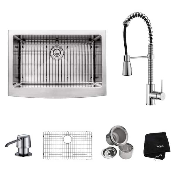 KRAUS All-in-One Farmhouse/Apron Front Stainless Steel 30 in. Single Bowl Kitchen Sink with Faucet and Accessories in Chrome
