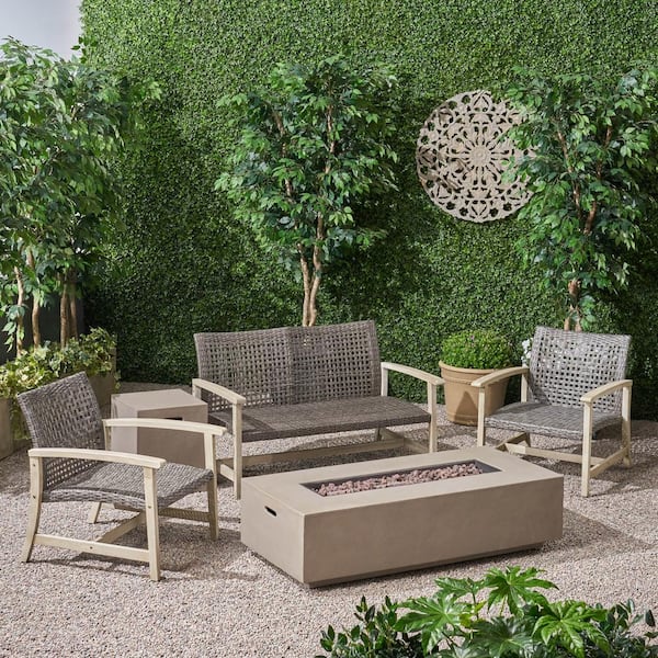 Noble House Augusta Light Grey 5-Piece Wood Patio Fire Pit Seating Set