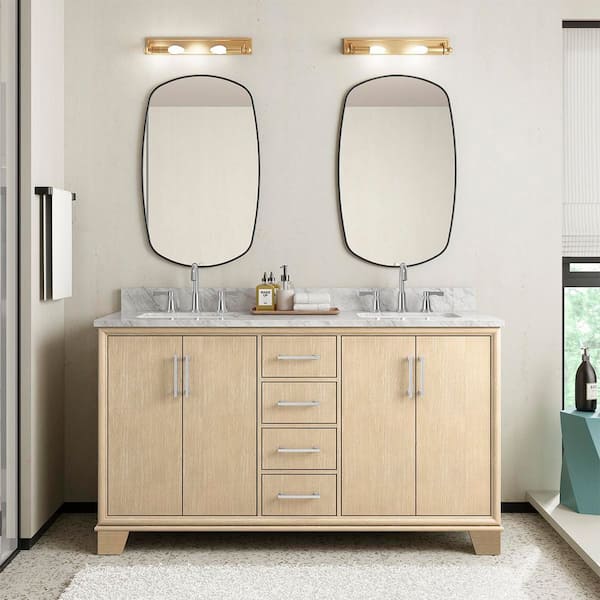 Nanterre 61 in. Double Sink Desert Birch Bath Vanity with White Natural Carrara Marble Top (Assembled)