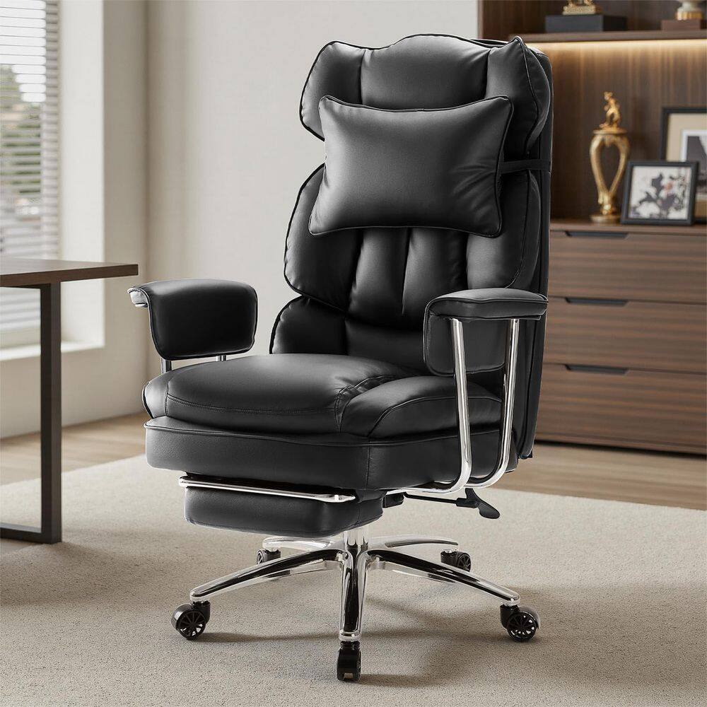 Big Tall PU Leather Reclining High Back Executive Chair in Black with Footrest and Lumbar Support with Adjustable Arms