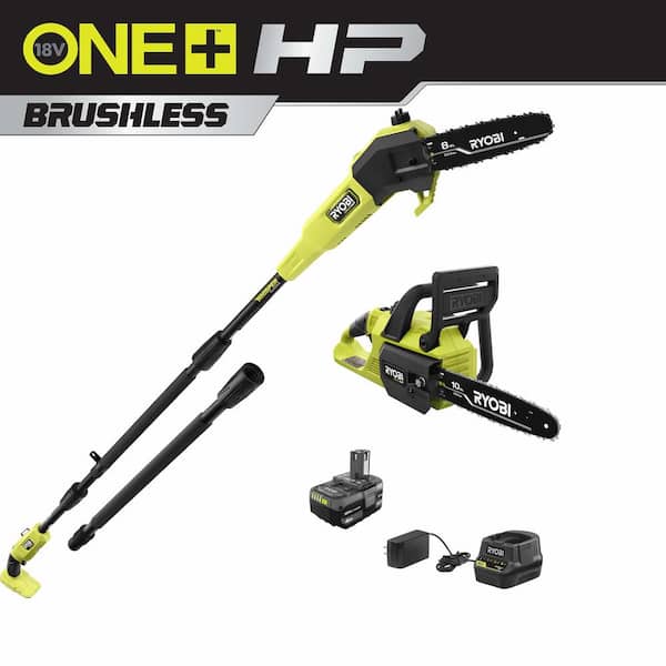 RYOBI ONE+ HP 18V Cordless 10 in. Chainsaw and Whisper Series 8 in. Pole Saw with 4.0 Ah Battery and Charger