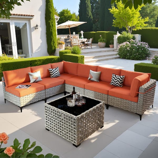 OVIOS Supery Gray 7-Piece Wicker Patio Conversation Seating Set with Bold-Stripe Orange Red Cushions and Coffee Table