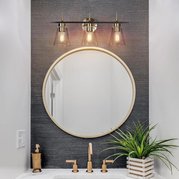 23 in. 3-Light Modern Brass Gold Vanity Light, Black Industrial Bathroom Wall Sconce with Cylinder Clear Glass Shades