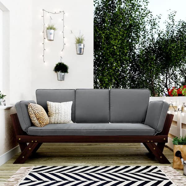 Boosicavelly Wooden Adjustable Outdoor Day Bed Sofa Chaise Lounge with Gray Cushions