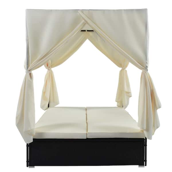 Angel Sar Wicker Outdoor Patio Day Bed with Beige Curtain and Beige Cushion