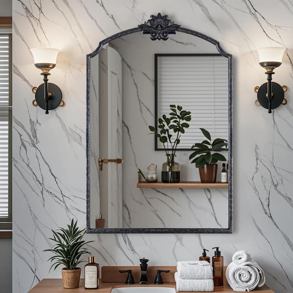 Elevatehome 20 in. W x 30 in. H Ornate Baroque Arched Vintage Black Framed Wall Bathroom Vanity Mirror Dresser Decorative Mirror