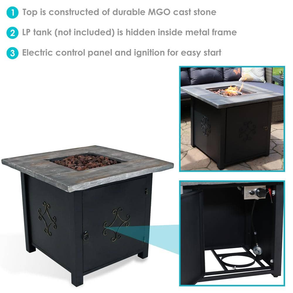 30-Inch Square Black and Gray Stone Propane Fire Pit Table