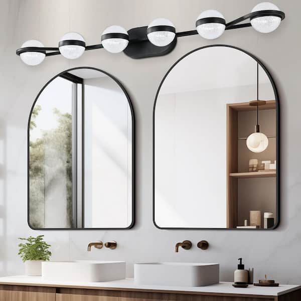 43 in. 6-Light Black Minimalist LED Scone Wall with Crystal Sand Acrylic Shades For Bathroom