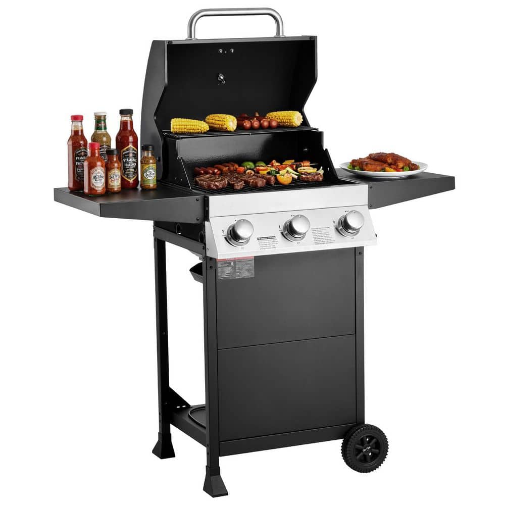 Gas Grill Portable 3 Burner Propane Gas Grill with Spacious 338 sq. in. Grilling Area, Carbon Steel Enamel Grates Black