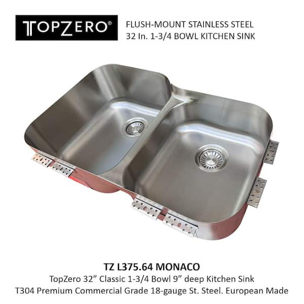 TopZero 18-Gauge Stainless Steel 32 in. Double Bowl Undermount Rimless  Kitchen Sink with low-divider TZ L375.64 - The Home Depot