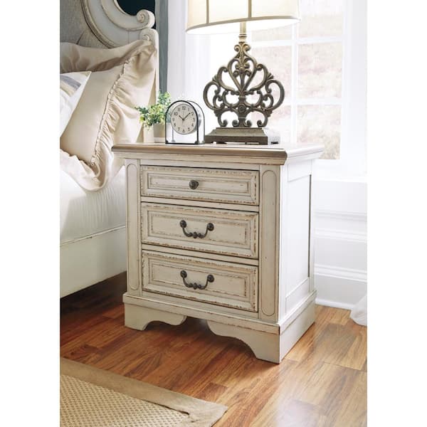 Realyn Chipped White / Brown 3-Drawer 27 in. W Nightstand