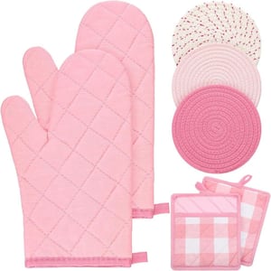 7Pcs Oven Mitts and Pot Holders with Heat Resistant for Cooking and Baking in Pink White