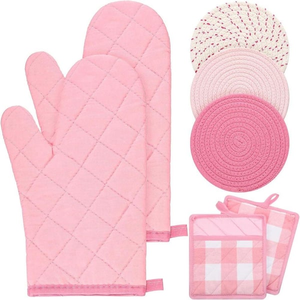 Afoxsos 7Pcs Oven Mitts and Pot Holders with Heat Resistant for Cooking and Baking in Pink White