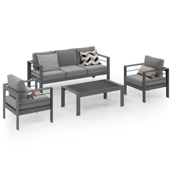 Grey 4-Piece Aluminum Patio Conversation Set with Dark Grey Cushions