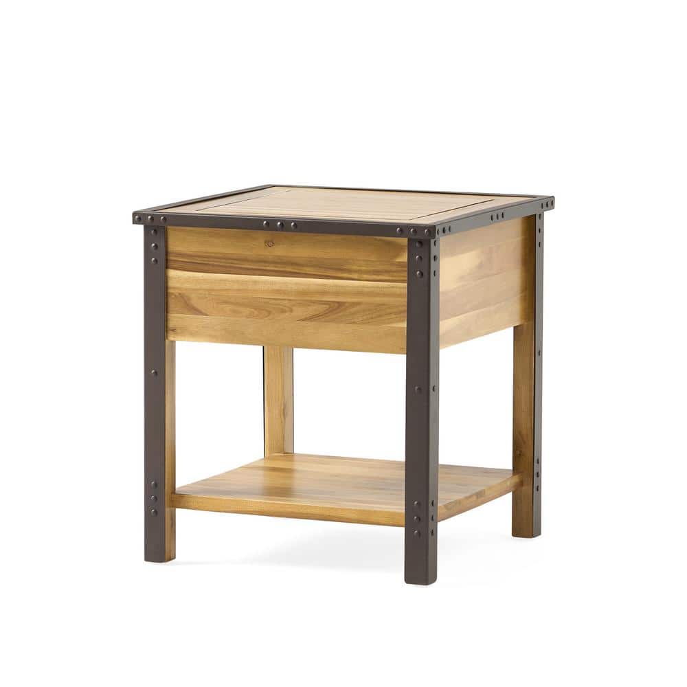 Luna Natural Stained Brown Acacia Wood End Table with Metal Frame