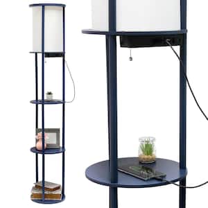 62.5 in. Navy Round Modern Floor Lamp Shelf Etagere Organizer Storage with 2 USB Charging Ports, 1 Charging Outlet