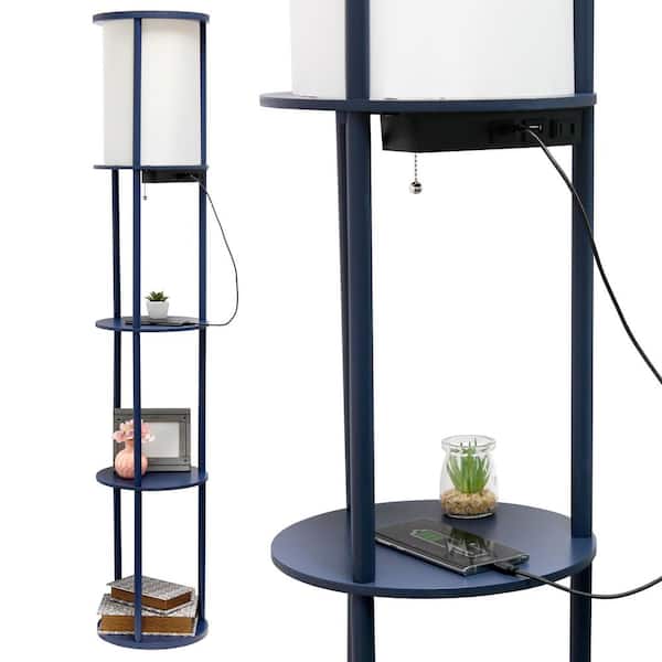 Simple Designs 62.5 in. Navy Round Modern Floor Lamp Shelf Etagere Organizer Storage with 2 USB Charging Ports, 1 Charging Outlet