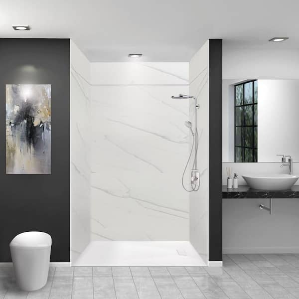 Lusso 60 in. x 36 in. x 96 in. 6-Piece Glue-Up Solid Surface Alcove Shower Wall Surround W/ Extension in Palladio White