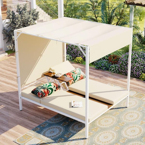 Outdoor Patio Rattan Wicker Outdoor Day Bed Adjustable Seats with Beige Cushions for Garden and Poolside