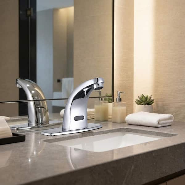Automatic Sensor Touchless Single Hole Bathroom Faucet with Battery Operated Temperature Mixer and Deckplate in Chrome