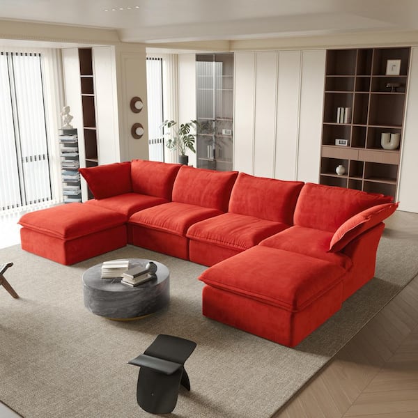 J&E Home 162.9 in. Flared Arm 6-Piece Linen Down-Filled Deep Seat Modular Free Combination Sectional Sofa with Ottoman in. Red