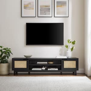70 in. Black Wood Modern TV Stand with 2 Faux Rattan Doors Fits TVs up to 80 in.