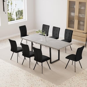 7-Piece Modern Light Gray MDF 35.4 in. Column Dining Table Set Seat 6-8 with 6 Black Chairs