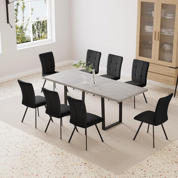 GOJANE 7-Piece Modern Light Gray MDF 35.4 in. Column Dining Table Set Seat 6-8 with 6 Black Chairs