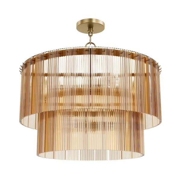 Ontario 60-Watt 6 Light Luxe Gold Waterfall Pendant Light with Ribbed Glass Shades, No Bulbs Included