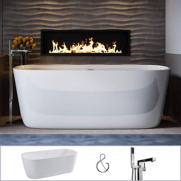 PELHAM & WHITE Bayberry 63 in. Acrylic Oval Freestanding Bathtub in White, Floor-Mount Square-Post Faucet in Brushed Nickel