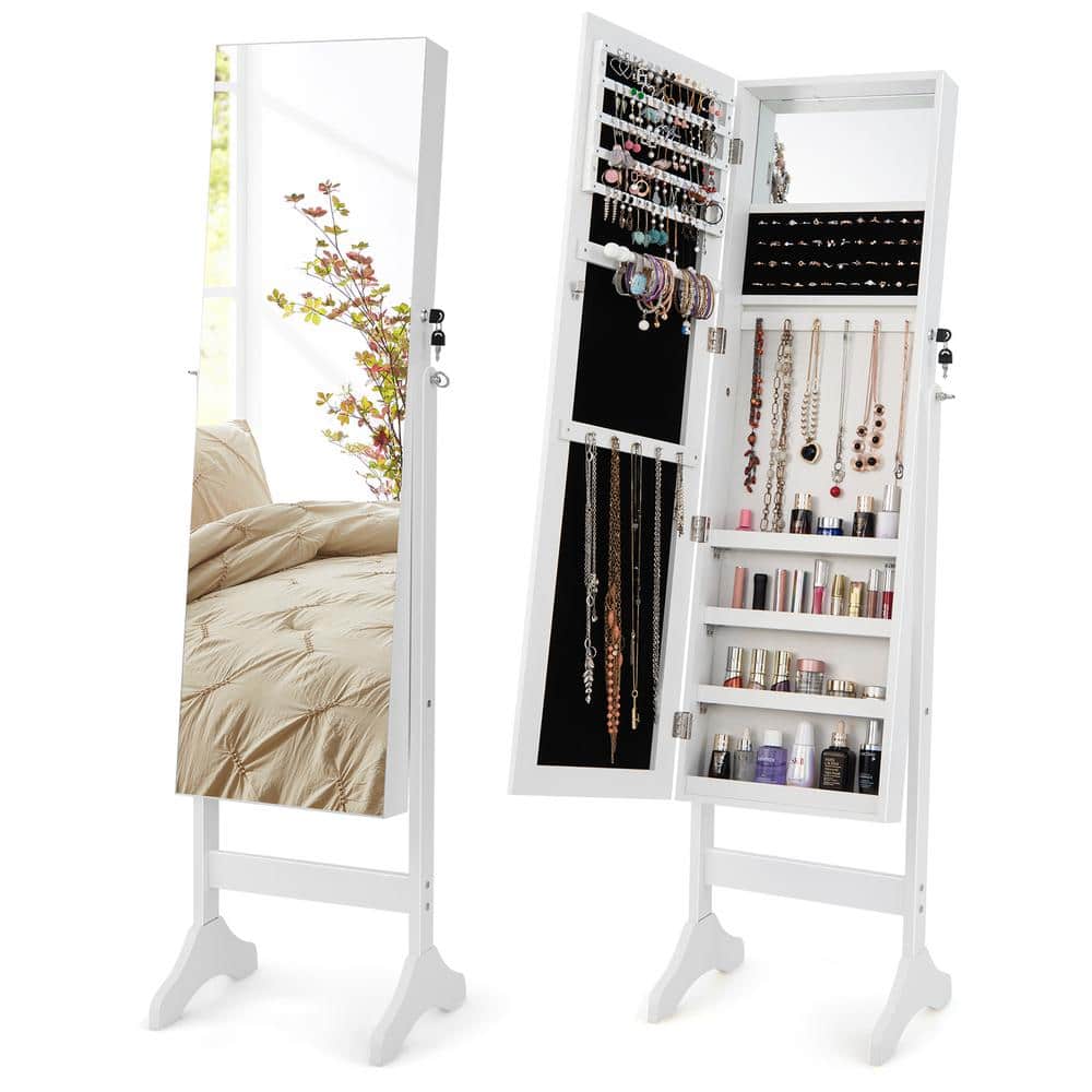 Kids Full Length Wooden Standing Mirror with Bottom Shelf and Foldable Storage Bin-White | Costway