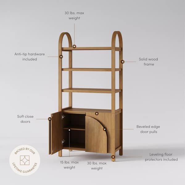 Iris 71 in. Tall Light Brown Solid Wood 3-Shelf Open Bookcase with Cabinet Base and Adjustable Interior Shelf