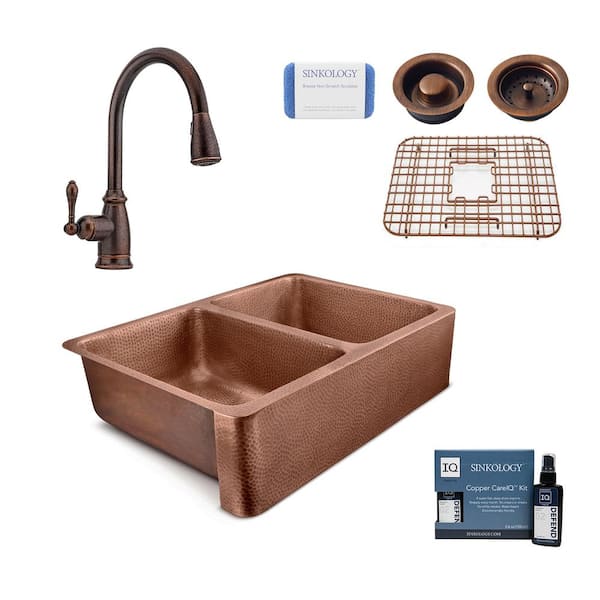 SINKOLOGY Copley All-in-One Copper Sink 32 in. Double Bowl Farmhouse Apron Kitchen Sink with Pfister Faucet and Strainer