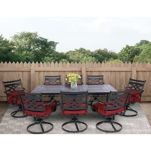 Montclair 9-Piece Steel Outdoor Dining Set with Chili Red Cushions, 8 Swivel Rockers and 42 in. x 84 in. Table