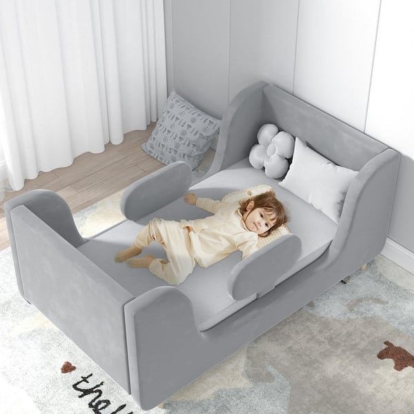 Toddler Floor Bed with Removable Safety Rails Kids Bed Standard Crib Size Toddler Upholstered Bed, Gray