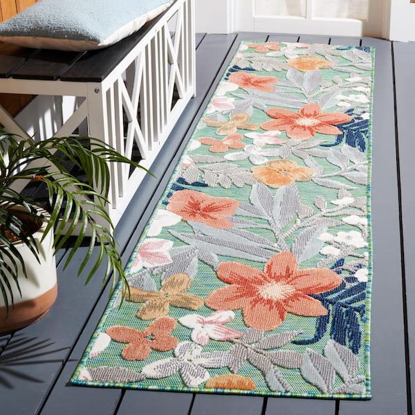 Cabana Green/Rust 2 ft. x 21 ft. High-Low Floral Leaf Indoor/Outdoor Runner Rug