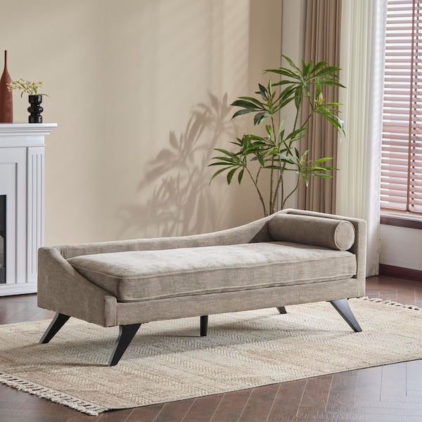Frederica Modern Khaki Polyester Upholstered Chaise Lounge with Rolled Pillow and Birch Wood Legs