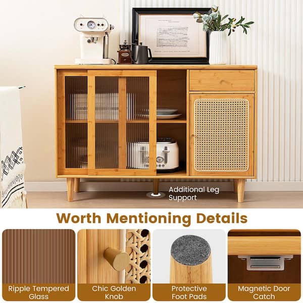 Costway Natural Bamboo 47 in. Width Buffet Sideboard Rattan