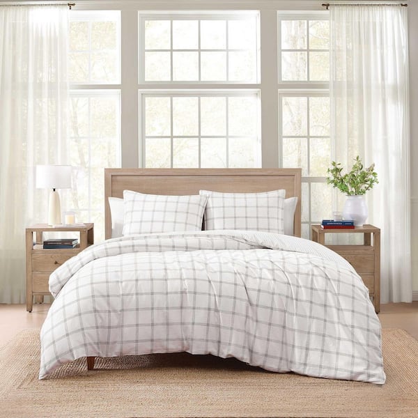 Modern Windowpane 3-Piece White/Dark Blue Faux Linen Cotton Full/Queen Duvet Cover Set